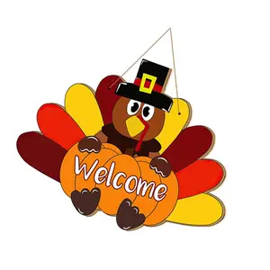 Wood Turkey Gobble Welcome Sign Hanging Decoration Thanksgiving Wreath