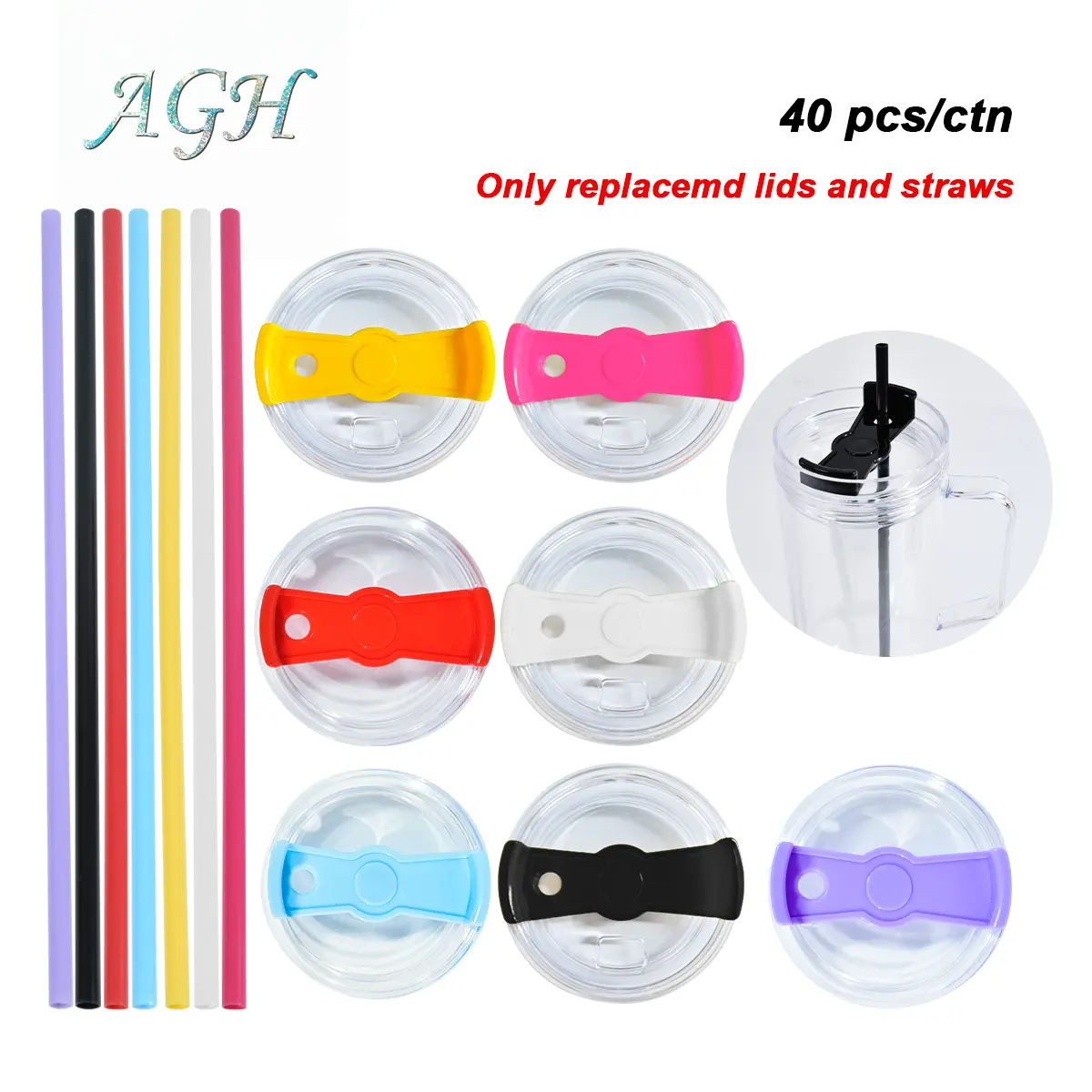 AGH 40pcs Mixed Replacement colored Lids and Straws ONLY Matching 40oz Snow Globe Handle Tumbler( Only Lids and Straws)