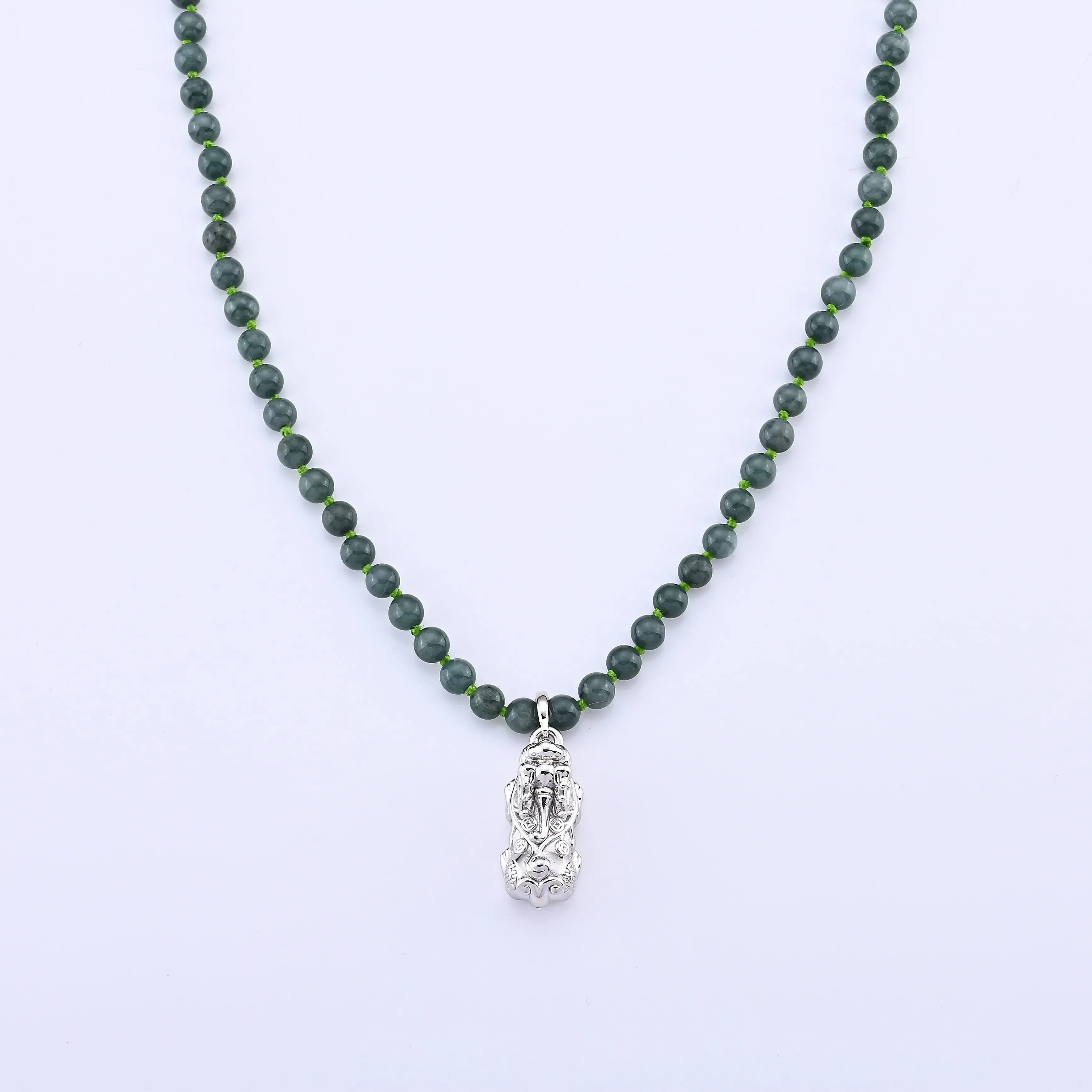 D'Joy Natural Olmec Jadeite Beaded Necklace with Pixiu (18 Inches) in Rhodium Over Sterling Silver 140.00 ctw