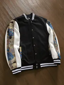 Heavy Embroidery Bear Pattern Colorblock Baseball Jacket, American Campus Style Striped Woven Collar Shoulder Pad Coat, Y2K Vintage Couple Jacket