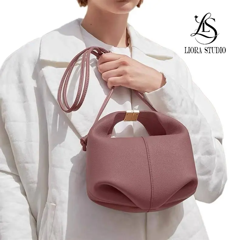 Women's Elegant Cloud Shape Pebbled Leather Convertible Crossbody & Shoulder Bag - Adjustable Strap, Metallic Clasp, Magnetic Closure, Top Handle, Gathered Look, Quiet Luxe, Casual Wear, Minimalist Design