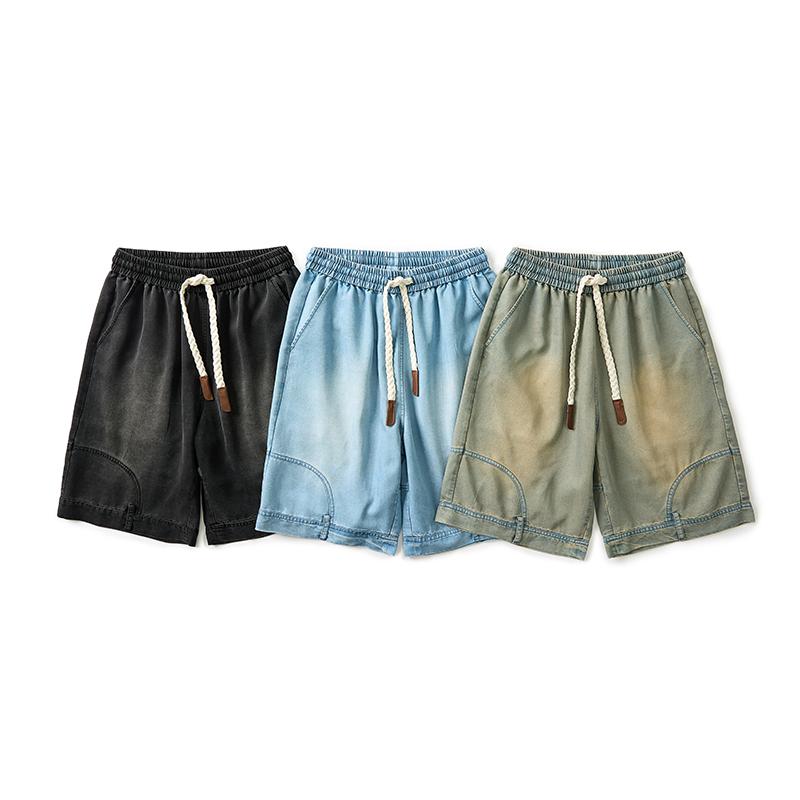 Men’s summer lightweight shorts made from Lyocell fabric—breathable, cool to wear, comfortable, and very cooling; suitable for various body types; vintage distressed style.