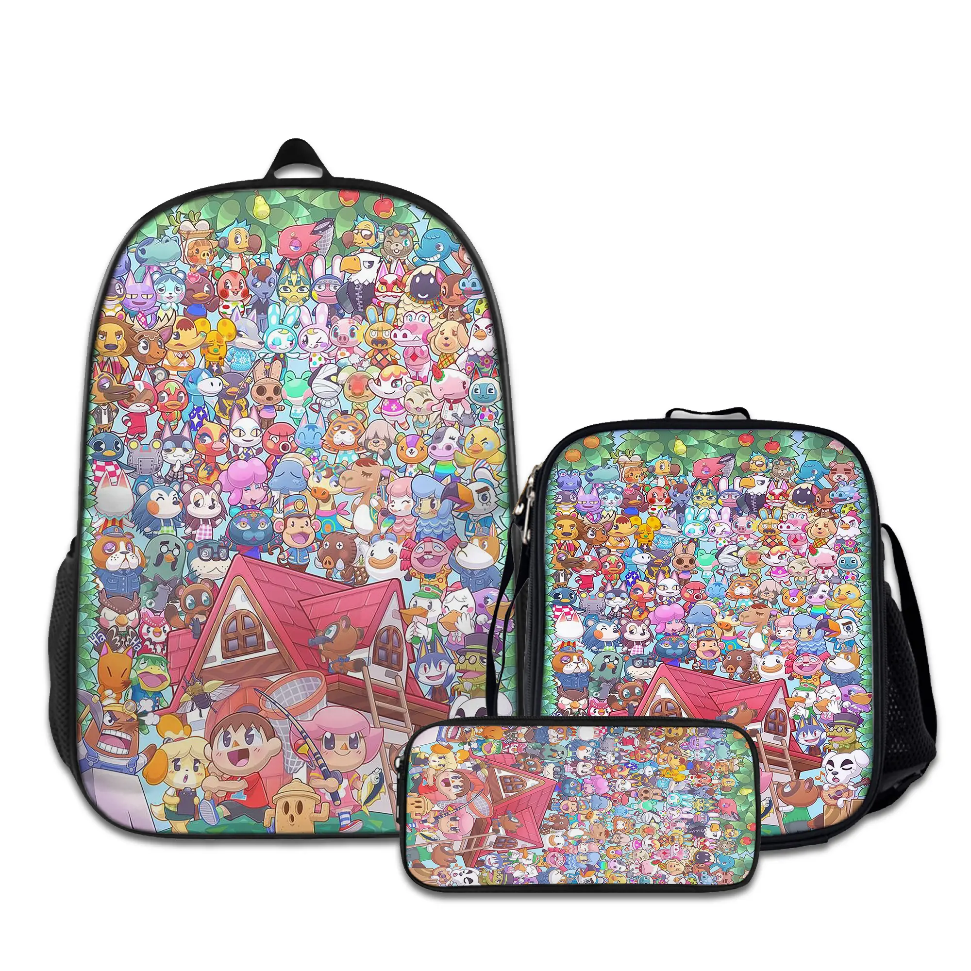 3PCS Backpacks for Girls Set, Cute animal-crossing-8 School Backpack for Boys with Lunch Box and Pencil Case, Aesthetic Bookbag for Teens, Lightweight Classic Backpack for Travel, Work, Picnic