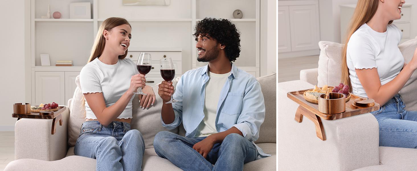 Couch Cup Holder Tray, 3 in 1 Large 15.36"x9.85" Acacia Wood Sofa Arm Clip on Tray Table with 360°Rotated Phone Holder on Armrest