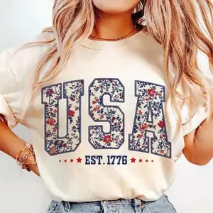 Comfort Colors Floral USA Shirt Faux Embroidered Look Retro America Graphic Tee Digital Print Not Embroidered Patriotic 4th of July Unisex Soft Cotton Shirt