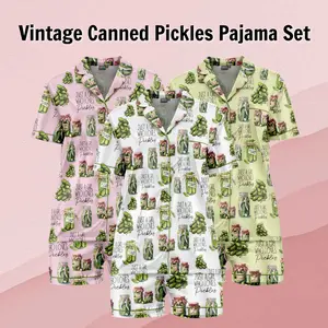 Vintage Canned Pickles Satin Silk Pajama Set – Homewear, Loungewear, Soft and Alluring Nightwear, Gift for Her, Valentime Gift, Ideal Gift for Mom Womenswear Casual