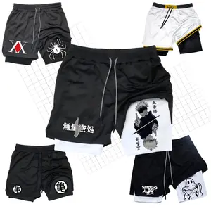 Anime Jujutsu Kaisen 2 in 1 Shorts for Men, Quick Dry Athletic Shorts, Pocket Performance, Gym, Workout, Fitness, 2 in 1