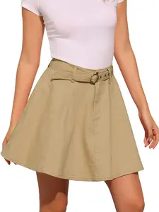 INSPIRE CHIC Women's Casual Denim Skirt High Waist A-Line Flared Mini Jean Skirts with Belt Khaki