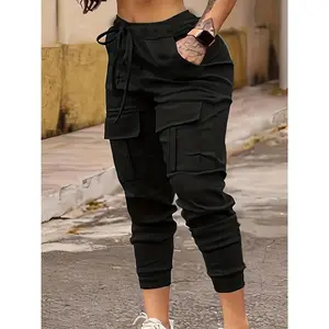 Women's Plus Size  Jogger Pants - Stretch Polyester Fiber Tapered Trousers with Drawstring Waist, Side Pockets, and Cargo Design, Comfortable for All-Season Casual Wear