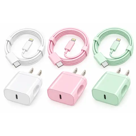 3 Pack 20W PD USB C Wall Charger Block with 6FT Long Type C to Lighting Cable Compatible with iPhone 14/13/12 Pro Max/11/XS/XR/X/8/Plus Cellphone Smartphone Charging Electronic White Pink Lightgreen