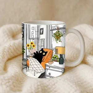 Cat Reading Mug Book Lover Cozy Cat Mug Cat Dad Mug Cute Black Cat Coffee Mug Bookish Gift for Cat Lover Bookish Friend Kawaii Cat Mug