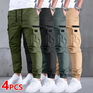 Men’s casual solid-color athletic pants; camouflage casual cargo pants; men’s long pants suitable for all seasons; multiple flap pockets; drawstring waist; outdoor work pants; running pants; casual cargo pants with pockets; non-stretch solid color; regula