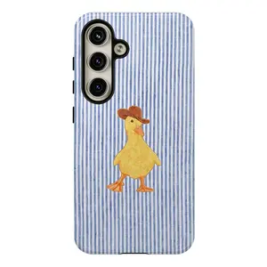 Cute Western Duck Phone Cases , Shockproof Rugged Cover Dual Layer Soft TPU Hard Bumper Shell for Samsung S26 S25 S24 S23 S22 S21 NOTE20 Ultra A71 A56 A36 Plus FE A06 A13 A14 A15 A16 A23 A25 A26 A34 A52 A53 A54 A55 Edge, Cowboy  Aesthetic Blue Stripe