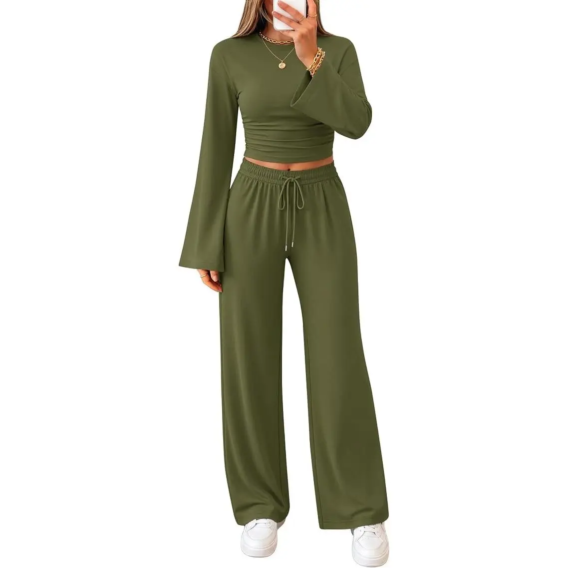 ZESICA Women's Two Piece Outfits 2026 Fall Matching Lounge Sets with Pocket | Long Bell Sleeve Ruched Fitted Tops, Wide Leg Drawstring Pants, Fashion Workout Tracksuit Clothing Sets, Casual Everyday Wear