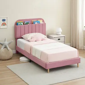 Velvet Upholstered Platform Bed Frame with Bookcase Headboard – Heavy Duty Steel Support – Noise-Free, Easy Assembly – Ideal Storage Bed for Kids and Teens