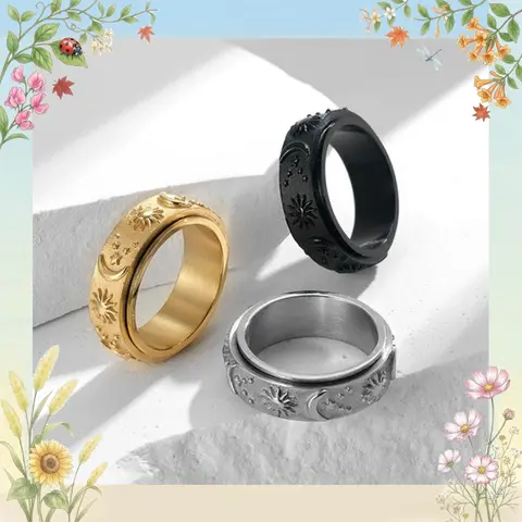 Sun & Moon Fidget Spinner Ring – Anxiety Relief, Couples Gift, Moon & Stars Design, Unisex Celestial Jewelry, Size 6–13
