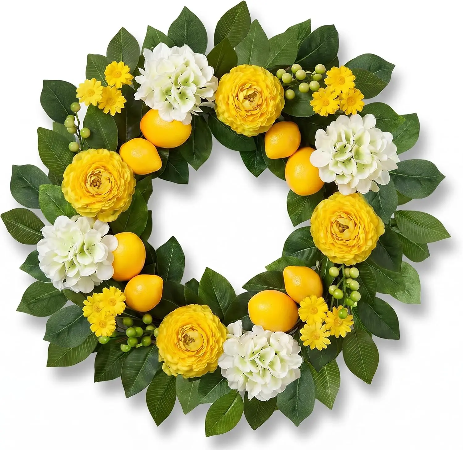 Summer Lemon Wreaths for Front Door 22 Inch Yellow Summer Wreath Decorations with Peony Hydrangea Berries for Farmhouse Porch Wall Window Home Kitchen Decor