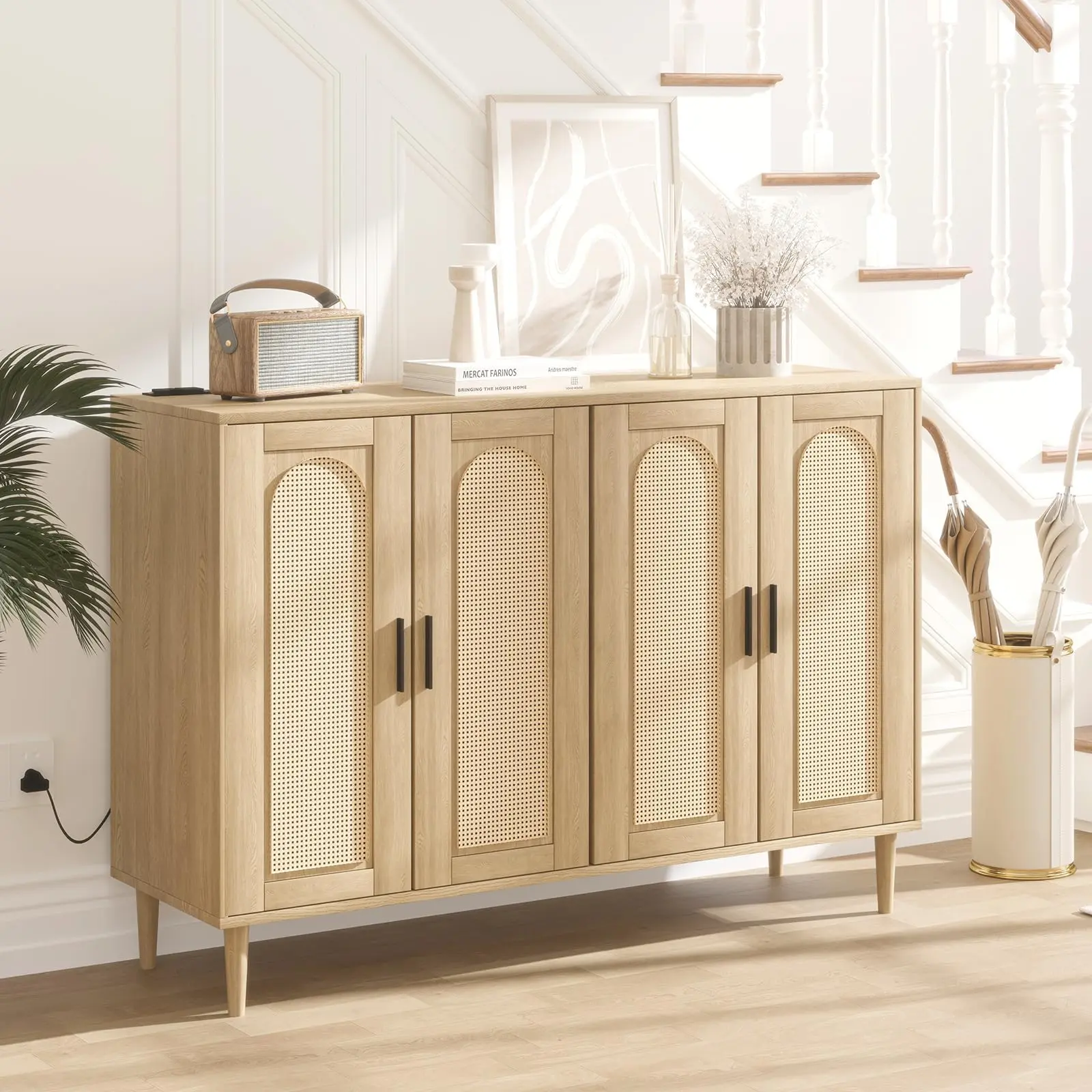 Garvee Rattan Sideboard with Power Outlet, Wooden Side Board Accent Buffet, Wood Sideboard Cabinet Buffet with 4 Doors, Boho Cabinet for Entryway, Hallway, Dining Room, Living Room, Coffee Bar (Wood)