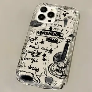Black Guitar Music Cat Clear Case for IPhone17 16 15 14 13 12 11 Pro Max 14 15 8 Plus X XR XS Max SE2020 luxury Airbag Shockproof