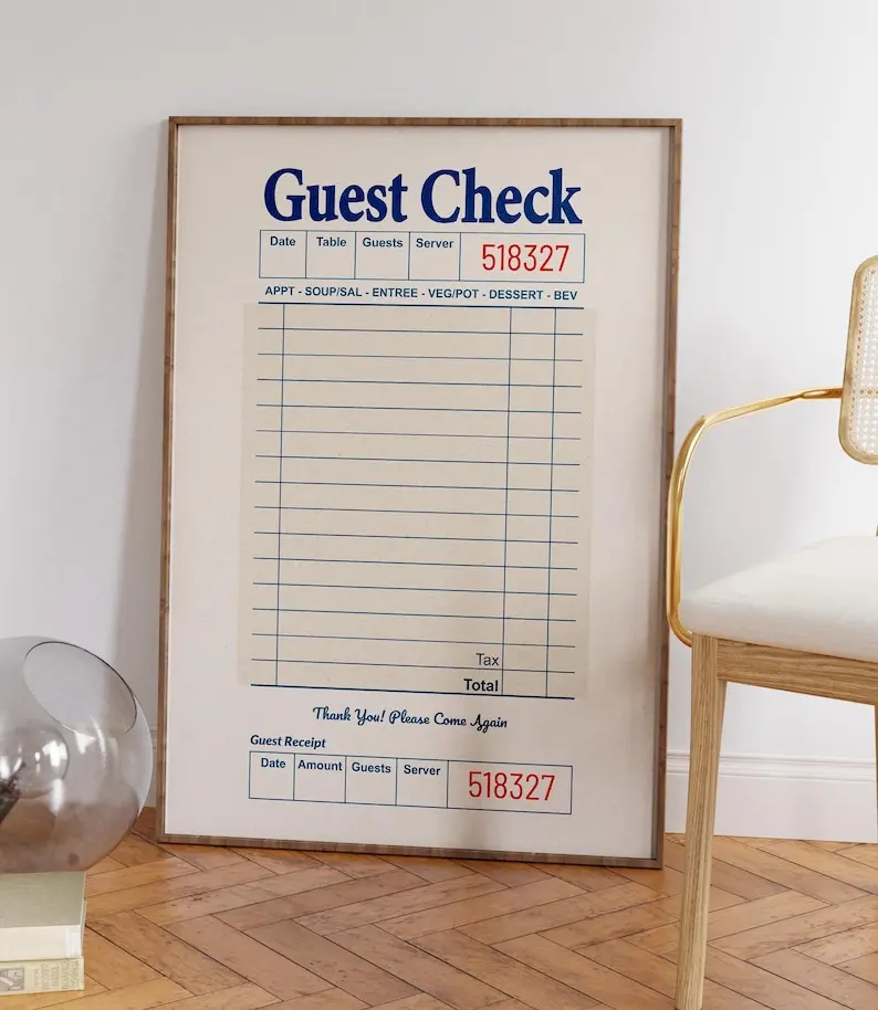 [UNFRAMED POSTER] Blank Guest Check Printable Poster With Color Options, Choose Giant Empty Guest Check Print, Retro Preppy Receipt Poster Apartment Art Decor