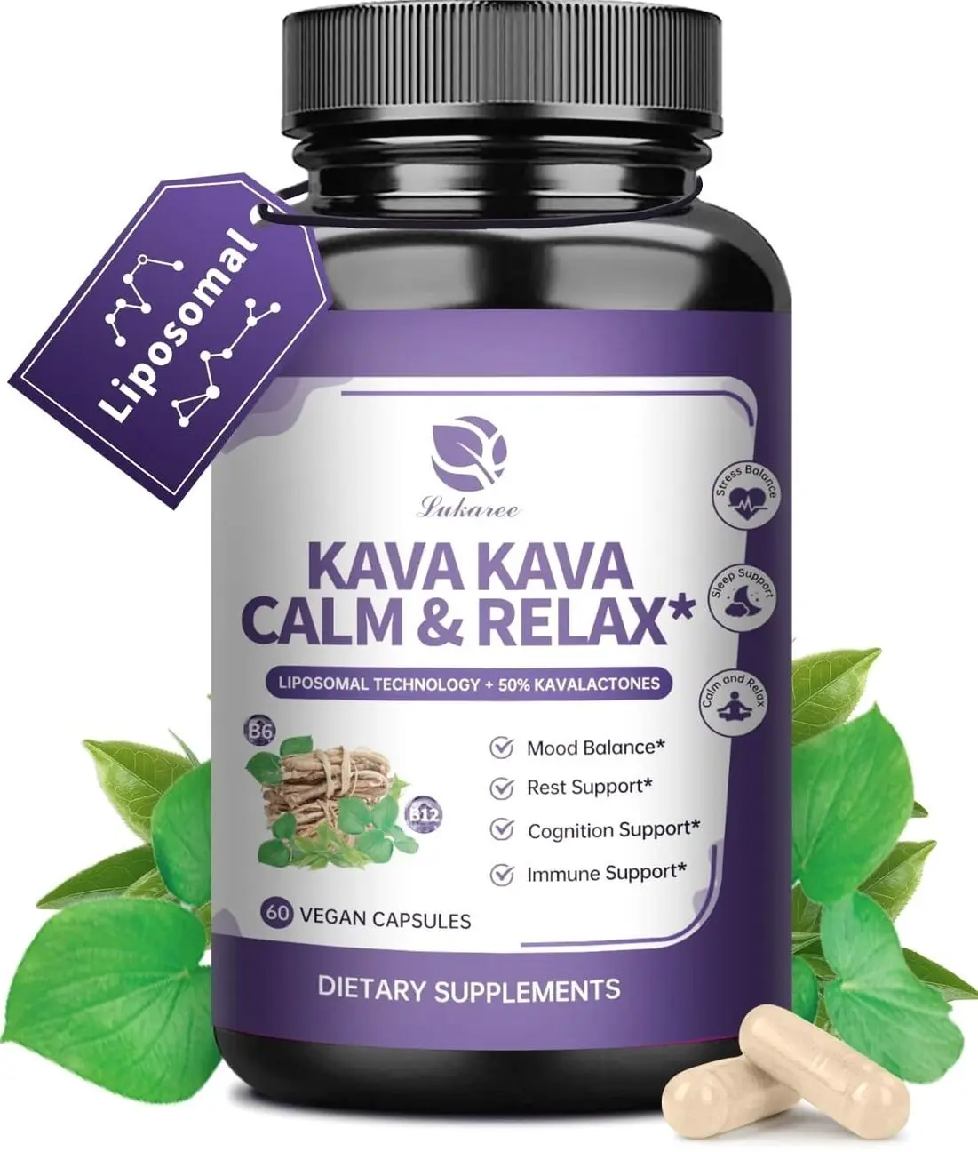 Kava Kava Root Extract Supplement - Liposomal Kava Capsules with L Theanine 200mg, 50% Kavalactones, Relax Calming Kava Extract, Vitamin B6, B12 - for Sleep, Mood, Cognitive & Immune Support, 60CT