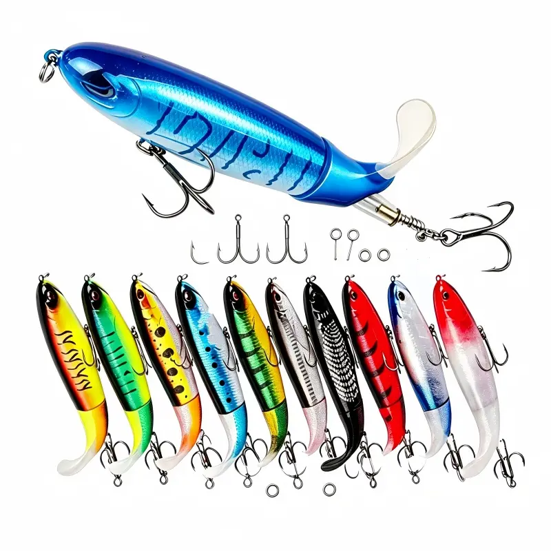 Fishing stuff Artificial Hard Swimbaits, 5/10Pcs 10cm 13.5g Topwater Fishing Lures with Rotating Prop Tail & Treble Hooks, Multicolor Baits for Freshwater Saltwater Angling