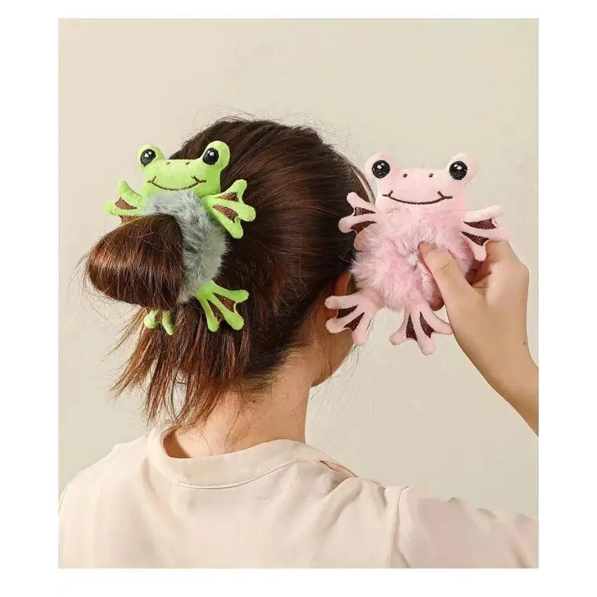 Women's Unique Cartoon Frog Print Plush Scrunchie - Medium-Stretch Soft Elastic Tie, Gentle Hold, Hair-Friendly, Casual Fashion Hair Accessory for Ponytail Hairstyle, Animals, Casual Wear, Frog Theme, Plain