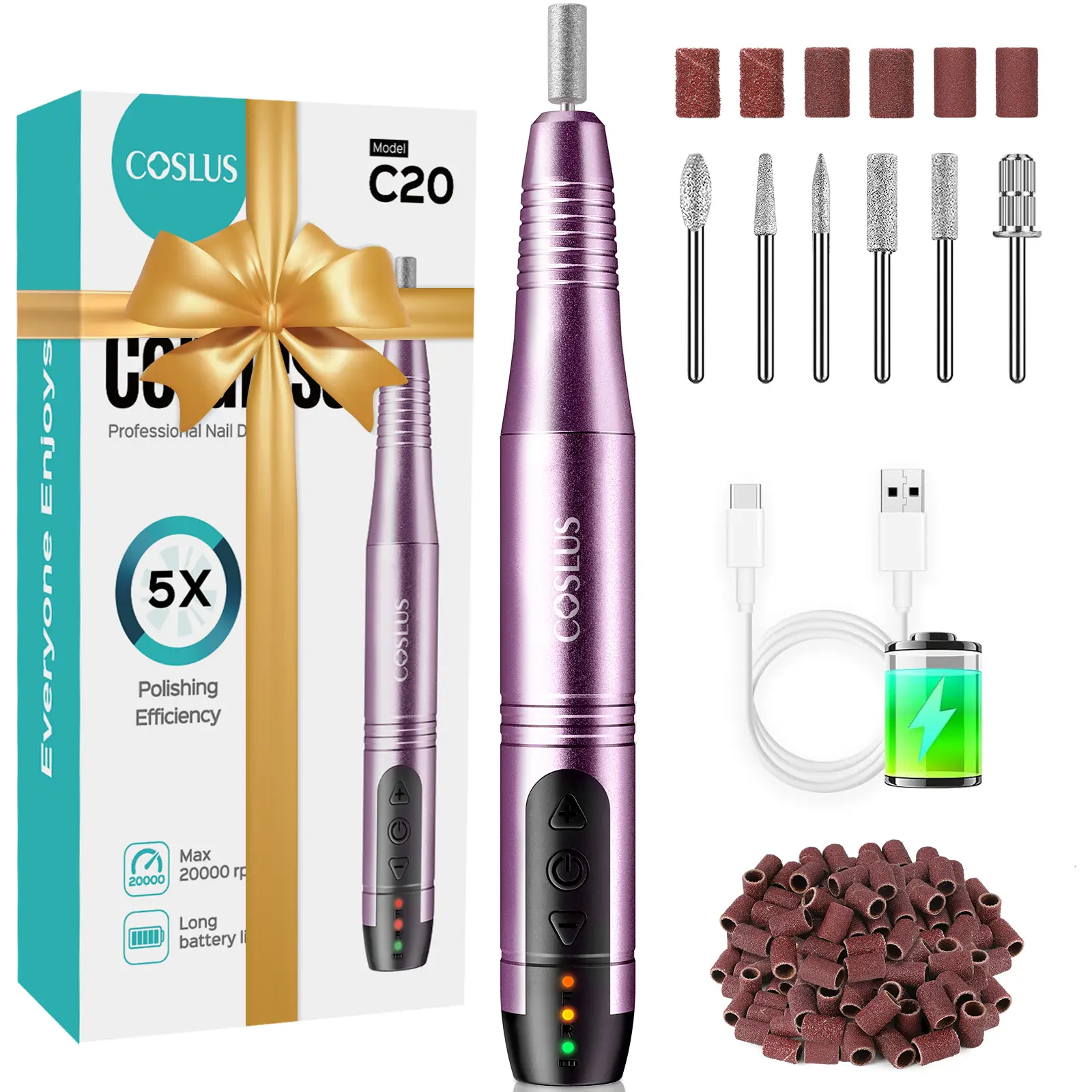 COSLUS Professional Electric Nail Polisher:Portable,wireless,rechargeable nail polisher;suitable for gel and powder nail art;low noise,low heat;includ