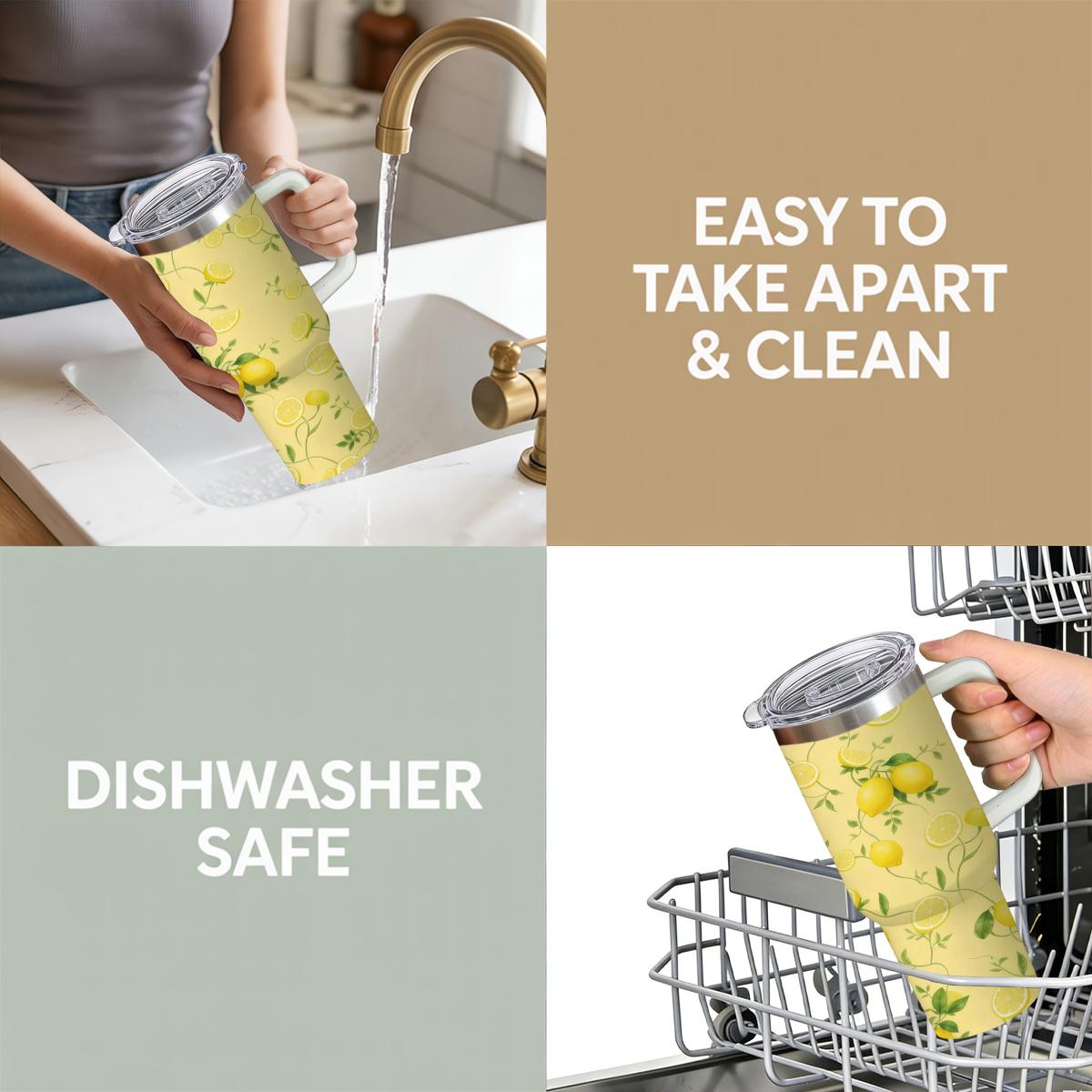 30 oz Zesty Lemon Insulated Tumbler, Sunny Yellow Travel Mug with Vintage Citrus Fruit Print, Comfort Handle & Straw, Summer Vibe Aesthetic Water Bottle, Perfect Gift for Sun Seekers