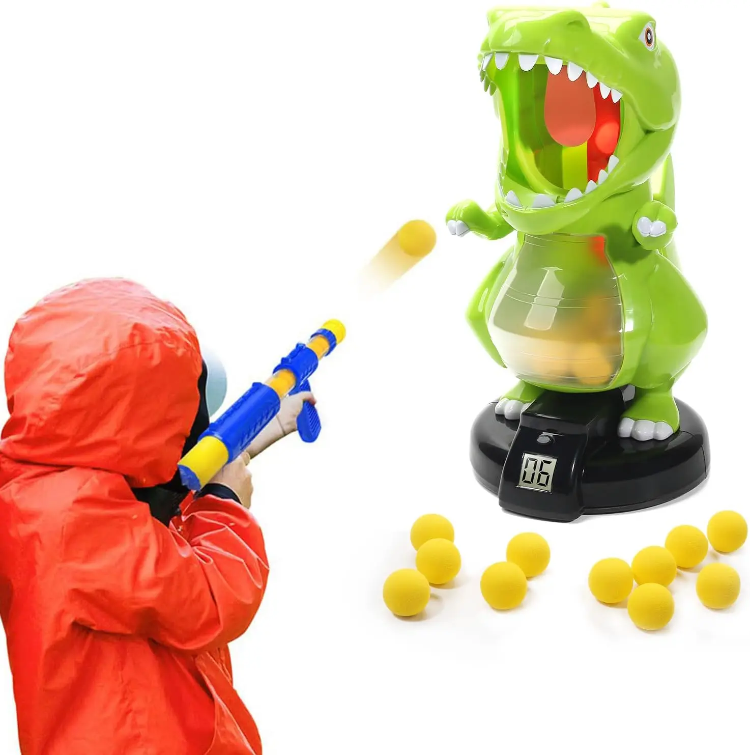 Eagle Stone Electronic Dinosaur Target Game Set - Air Pump Blaster Toy Gun, LCD Scoreboard, Sound Effects, Flashing Lights, 24 Foam Balls, Unisex Sports Toy, Kids' Birthday Party Favors & Christmas Gifts