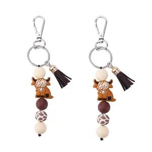 Highland Cow Silicone Keychain with Beads & Tassel Cute Scottish Cow Keyring for Bag & Car Decoration Diy Toys