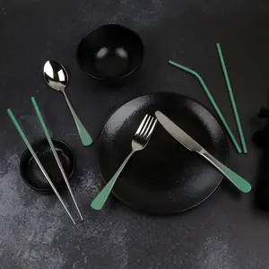 Forked Again Mint Green Ombré 9-Piece Engraved Stainless Steel Reusable Travel Cutlery Set with Fork, Knife, Spoon, Chopsticks, Straws and Straw Cleaning Brushes in a Washable Cutlery Wrap
