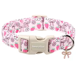 Lionet Paws Spring Dog Collar Strawberry Pink Adjustable with Bowtie Pendant & Plastic Buckle for Small to Large Dogs
