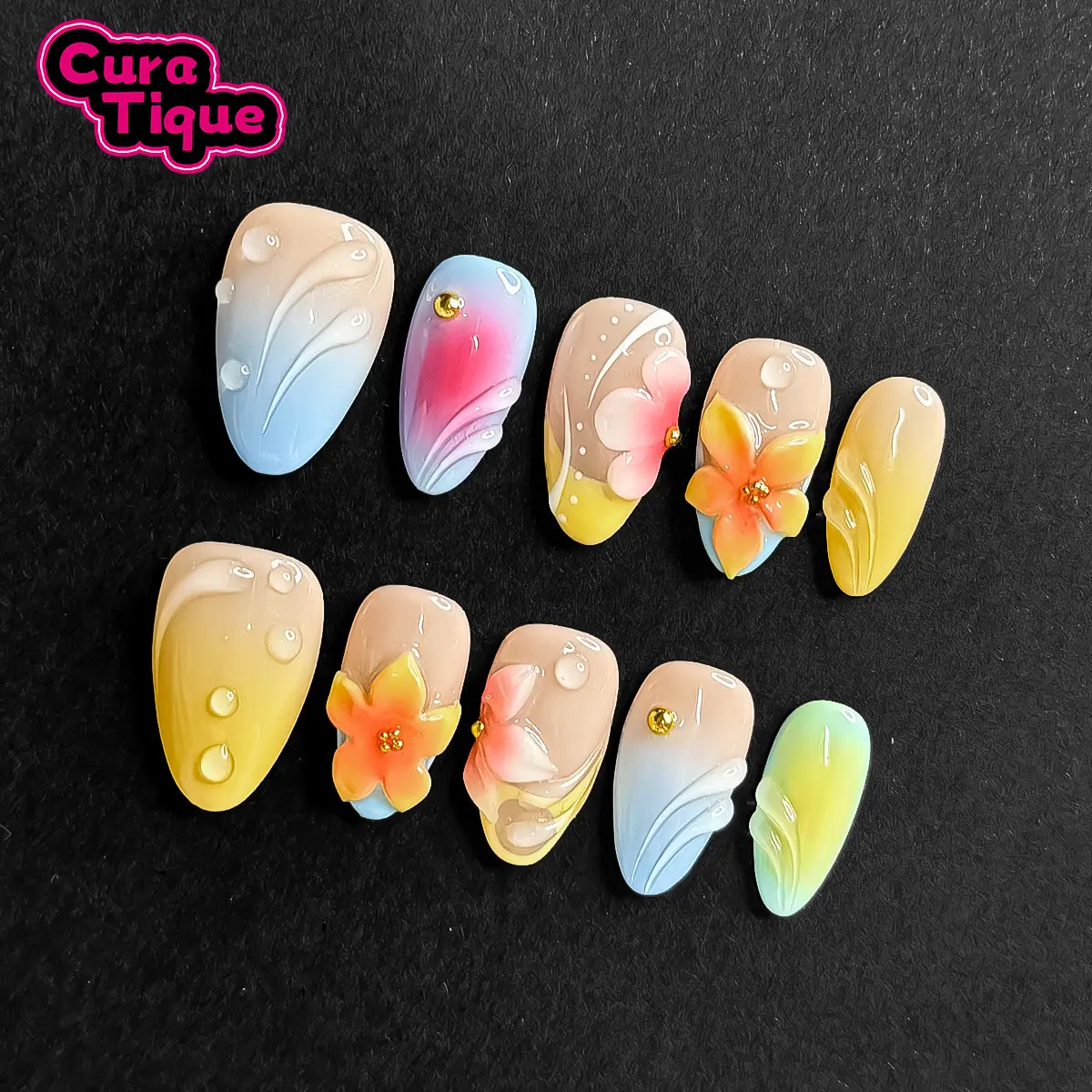 CuraTique Gradient Blossoms 10PCS Handmade Reusable 3D Gel Glossy False Nails, for 2025 Spring-Summer, Prom, Decorated Nails, Glam, Cute