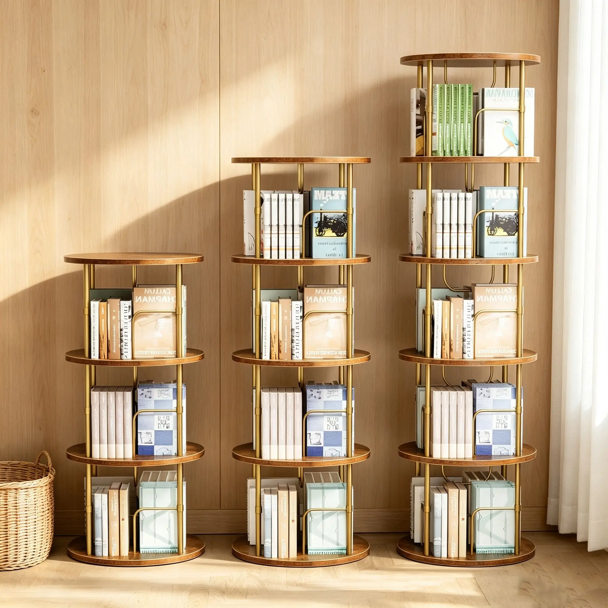 Rotating Bookshelf, 360 ° Display Stackable Spinning Bookshelf Tower, Narrow Space Saving Tall Floor Standing Swivel Bookcase Corner Storage Organizer for Bedroom, Living Room, Gold