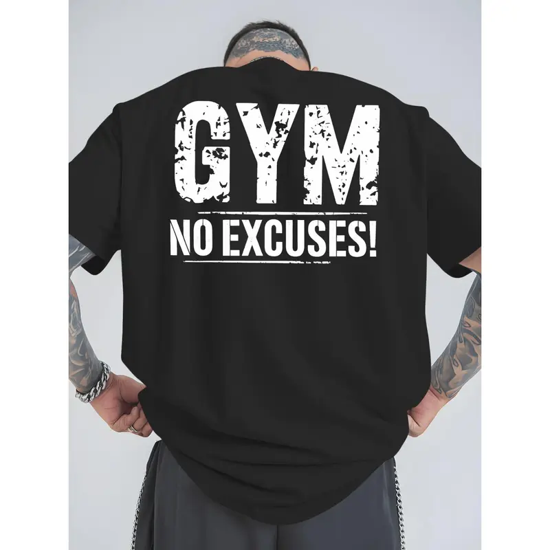 Men'S Gym Motivational T-Shirt - "Gym No Excuses" Back Print, Breathable Athletic Top with Gym-Themed Design, & Contrast, Regular Fit Short Sleeve Round Neck for Workout, Gym Shirts
