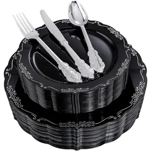 150 count Black  Plastic Plates &  Plastic Silverware,Black  Disposable plates for Include 30 Dinner Plate,30 Dessert Plate,30 ,30 Forks,30 Spoons for Party Wedding