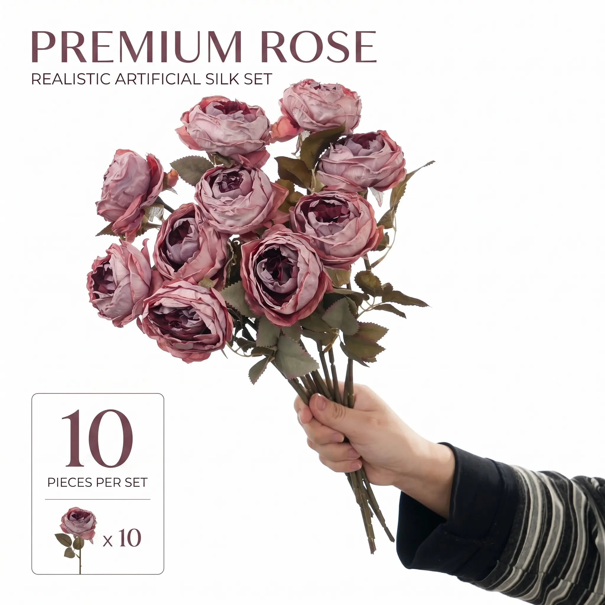 10-Piece Artificial Rose Set, Premium Fabric Vintage Burgundy Fake Flowers for Home Decor, Fall Wedding Bouquet & Moody Room Aesthetic