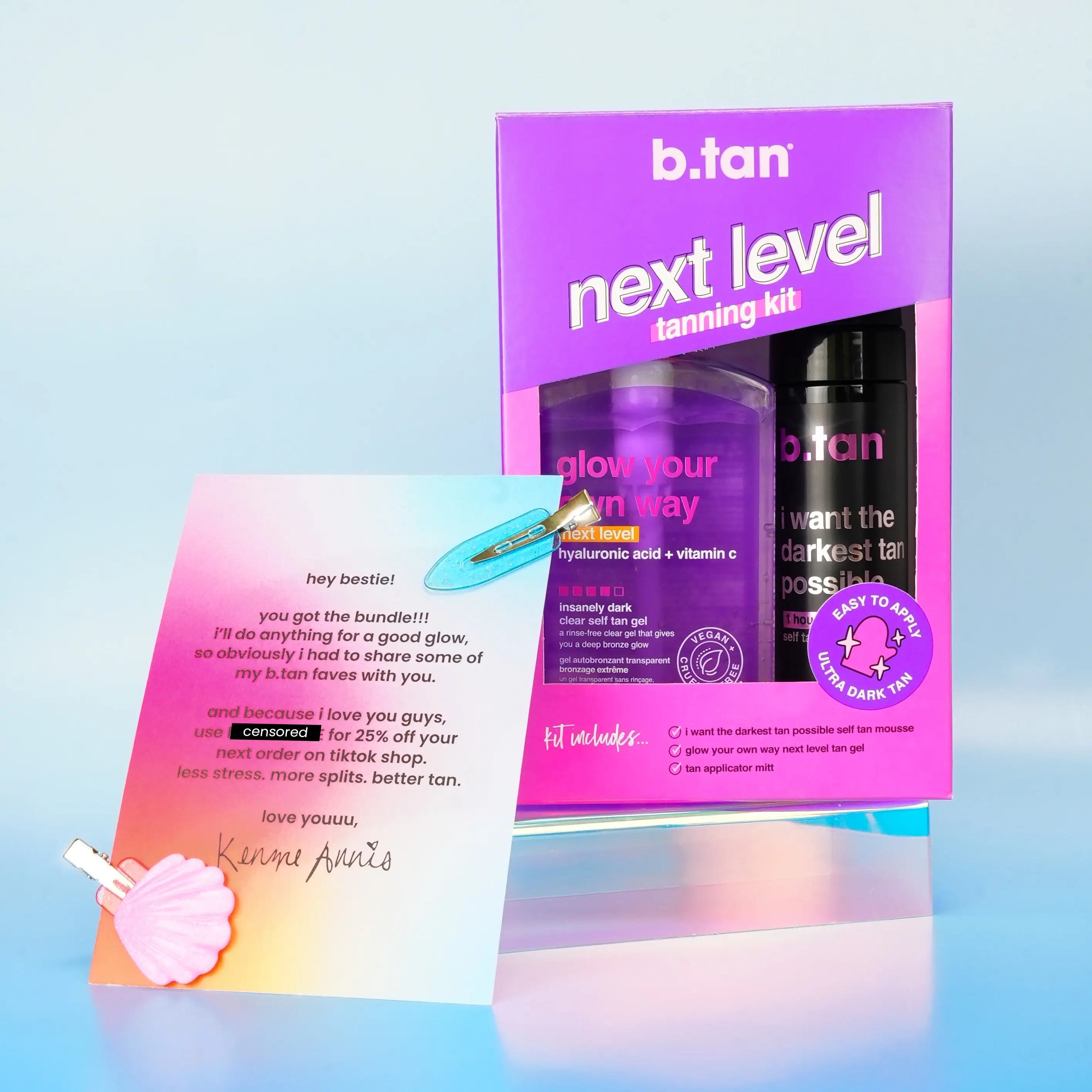 b.tan Kenzie's Next Level Split Kit | Limited Edition Self Tanning Bundle Gift Set - Ultra Dark Duo Pack Mousse & Clear Gel, Hydrating Express Self Tan Foam, Transfer-Resistant, Double-Sided Mitt, Vitamin C & Hyaluronic Acid
