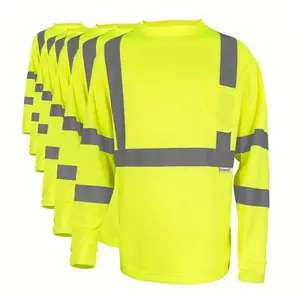 6PCS ANSI Hi-Vis Reflective Long Sleeve Safety T-Shirt - Neon Green/Yellow, Breathable Cotton Feel, Chest Pocket (For Work/Warehouse/Outdoor/Night Fishing)
