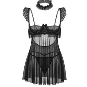 Avidlove Women Lingerie Sexy Sheer Mesh Lace Underwire Push Up Babydoll Lingerie Dress with Lace Necklace Adjustable