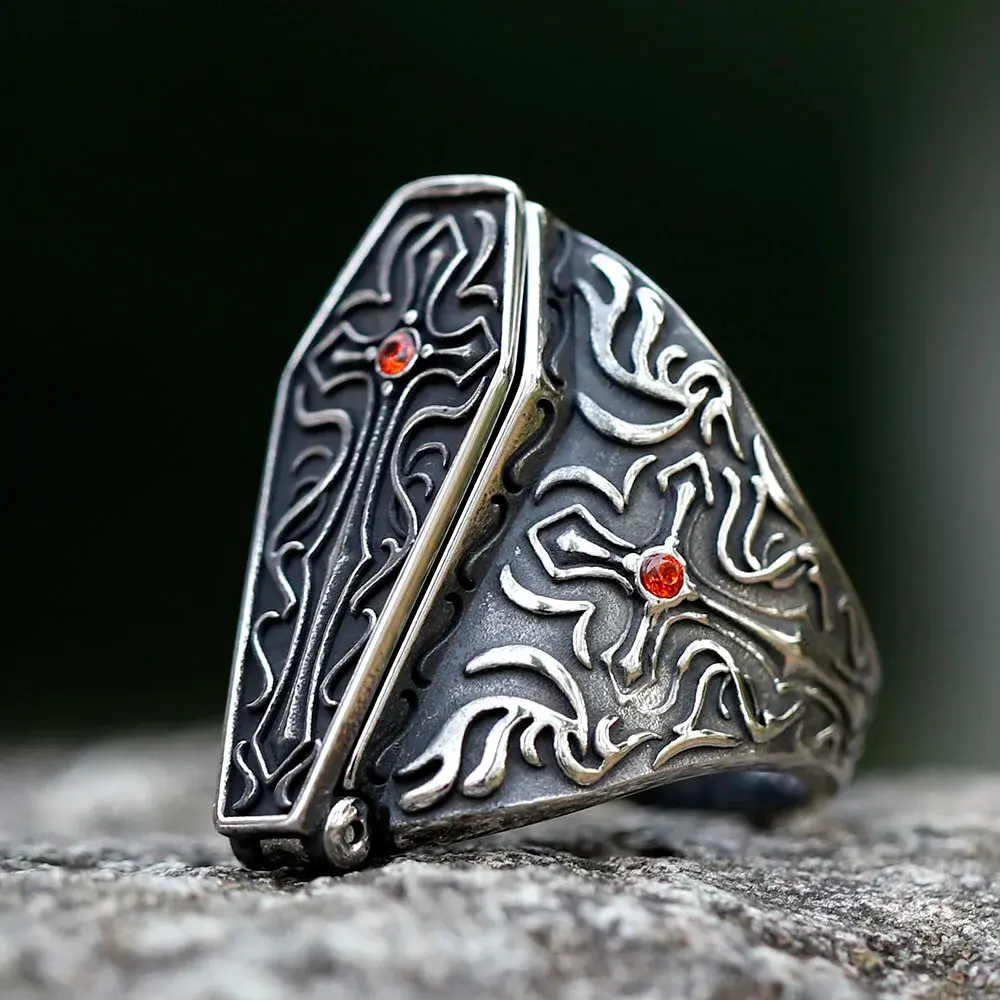 New Men's 316L Stainless Steel Ring Creative Design Vampire Coffin Ring Punk Biker Cool Ring For Men Chic Fancy Halloween Jewelry