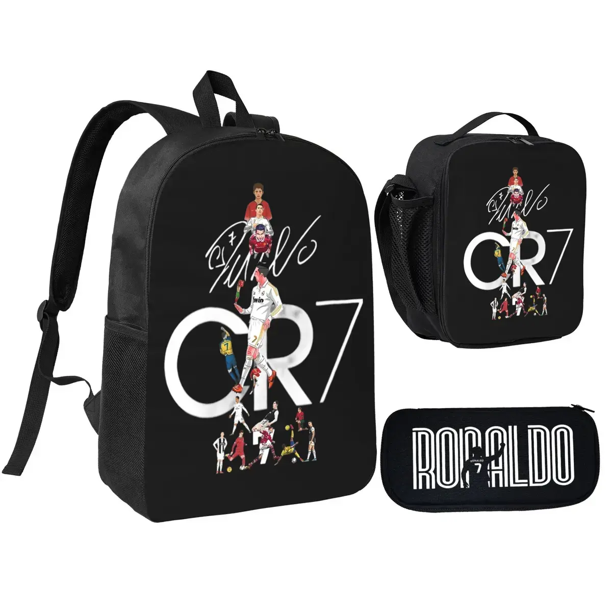 CR7 Soccer School Backpack Set for School Bag with Lunch Bag Pencil Case 3Pcs Set Idea for Student School