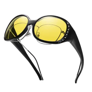 Night Vision Driving Glasses for Women Anti Glare Fit Over Glasses Polarized Night Time Glasses HD Yellow Lens with Sparkling Detailing Modern Frames Sunglasses