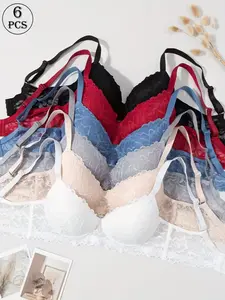 6pcs Stylish Lace-Up Push-Up Bras with Underwire - Non-Slip, Gathered Design to Create a Flattering Figure, Adult Sizes, Assorted Colors (Black, Red, Blue, Gray, White), Everyday Comfort| Gathered Lingerie| Nonremovable Paddin