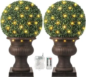 Artificial Plant Topiary Ball, Pre-Lit Artificial Topiary Plant with 50 Lights, Timer and Remote Control, Artificial Outdoor Porch Trees with Sturdy Pot for Outdoor Indoor Decor Decorative