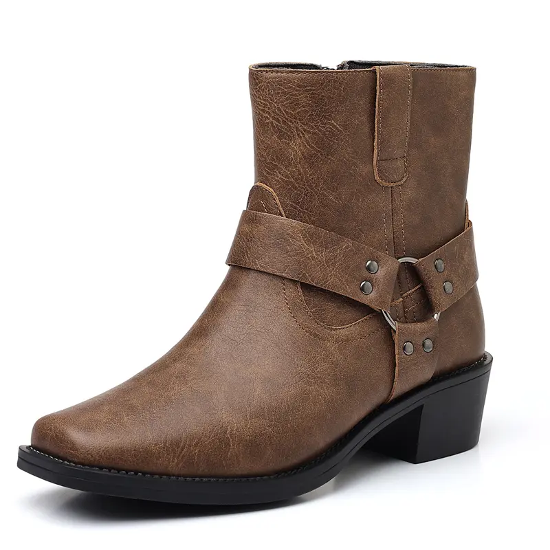 Vintage Western Ankle Boots for Women Casual Fashion Leather Look Cowboy Booties with Low Block Heel Buckle Strap Design Comfortable Slip On Outdoor Streetwear Footwear