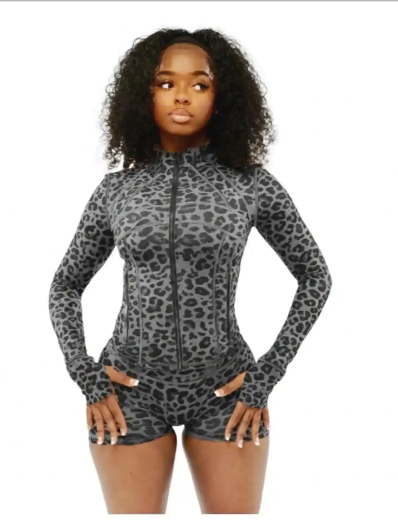 Effortless Leopard Print Yoga High Elastic Long Sleeve Zipper Bottom Shorts, Casual Sport Set for Women, 2 Piece, Comfortable and Stylish, coordinated look, matching ensemble, effortless pairing