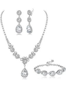 Rhinestone Bridal Jewelry Set Necklace Bracelet Clip On Earrings for Brides Bridesmaid Cluster Crystal Teardrop Pendants Jewelry Set for Wedding Prom