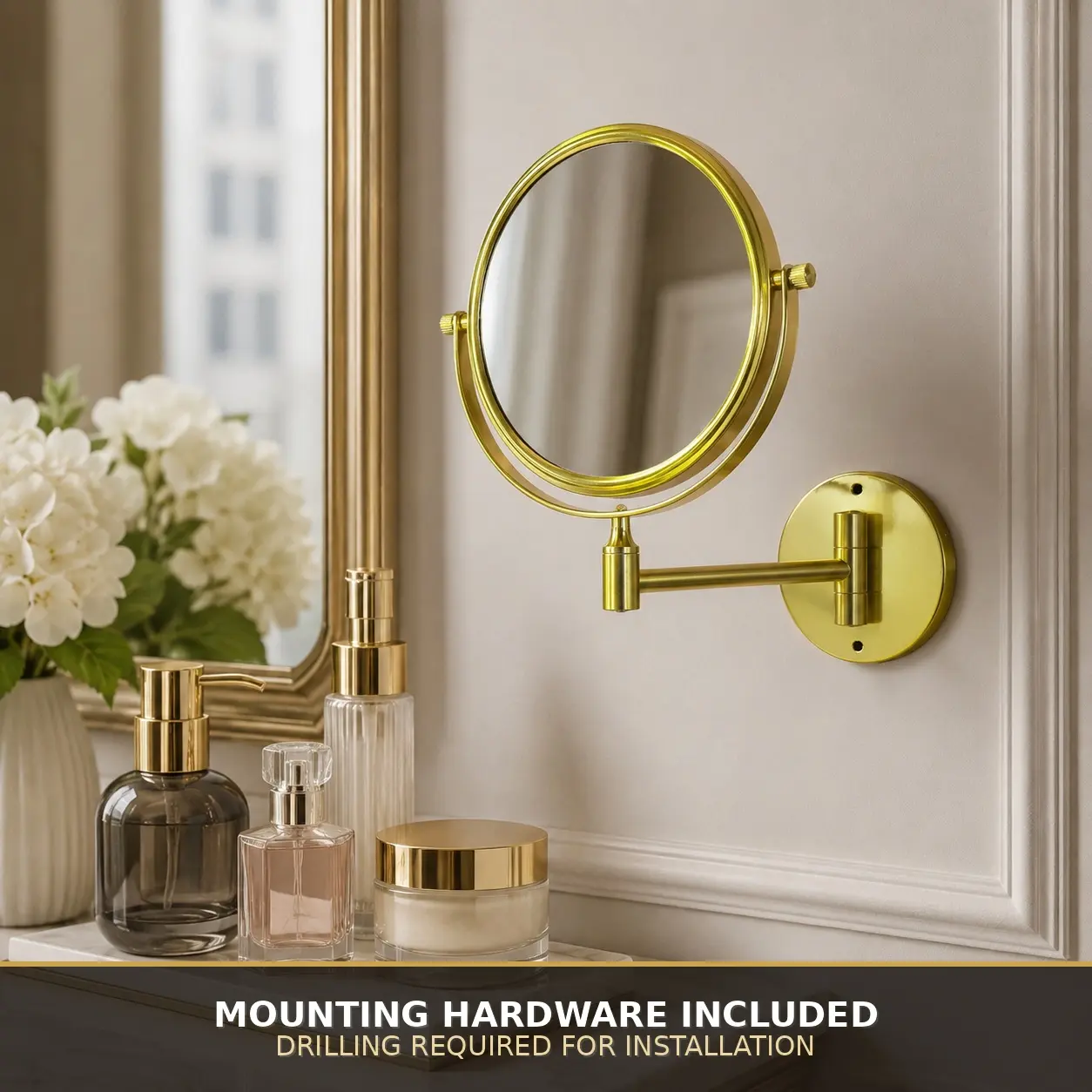 6 Inch Wall-Mounted Double-Sided Makeup Mirror, Gold-Tone Extendable Swing Arm Vanity Mirror with 360° Swivel, Foldable Bathroom Shaving and Cosmetic Mirror, Mounting Hardware Included